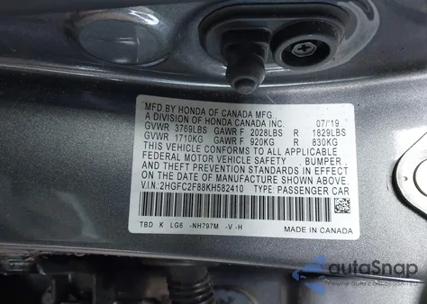 2019 Honda Civic Sport from USA, damaged, VIN 2HGFC2F88KH582410